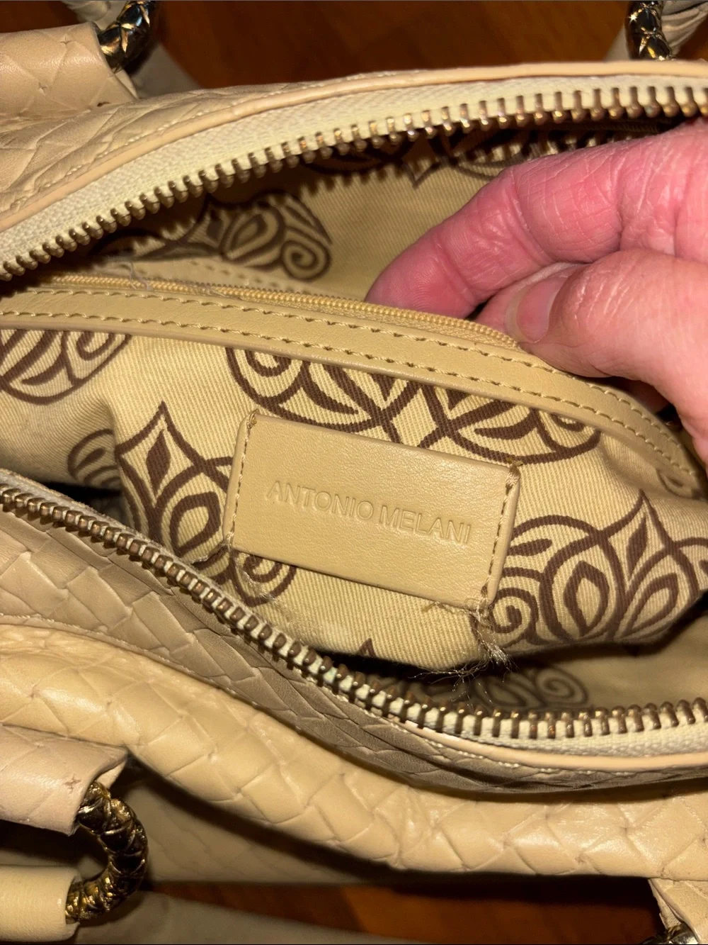 Antonio Melani Woven Style Leather Satchel Handbag - Cream-Gold Accents